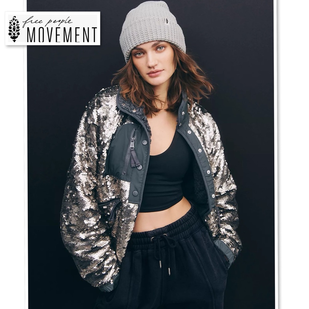 NWT Free People Movement Hit The Slopes Sequin Jacket S Silver Metallic Sherpa - Picture 2 of 16
